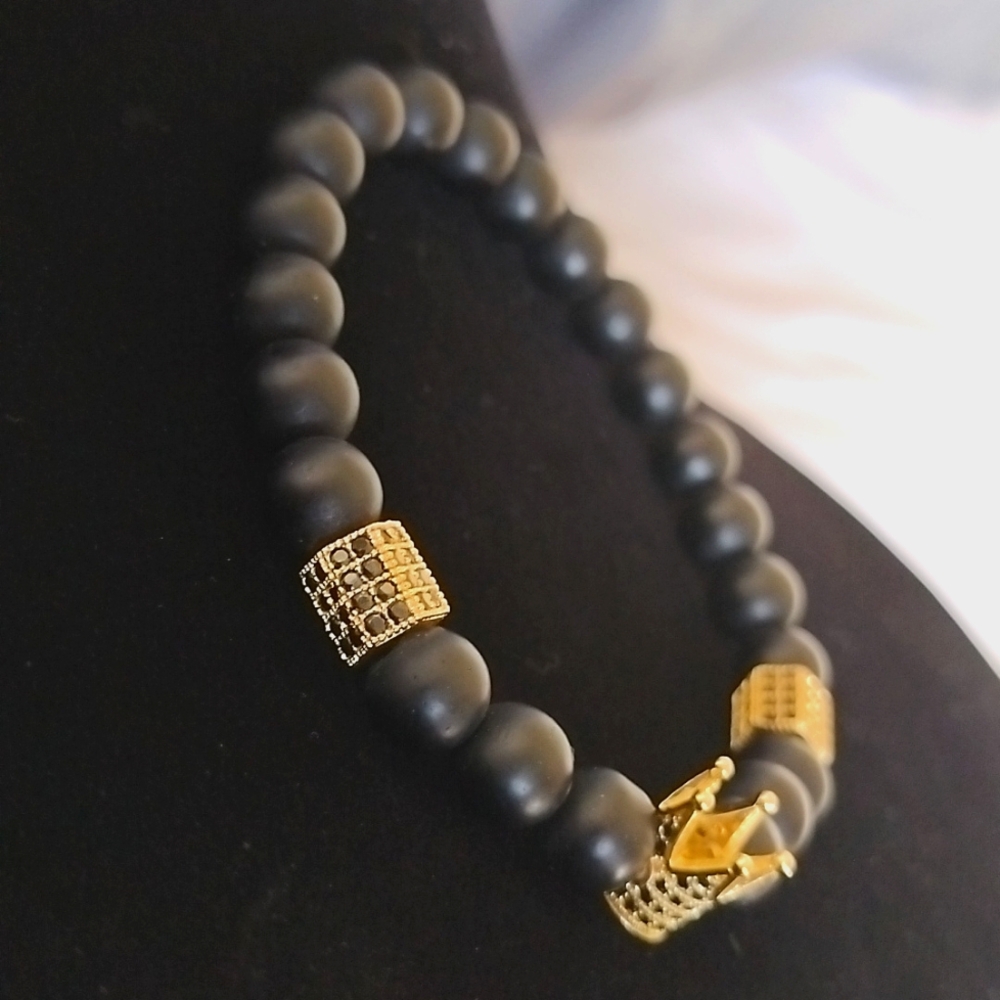 Gold Crown & Onyx Beaded Bracelet.